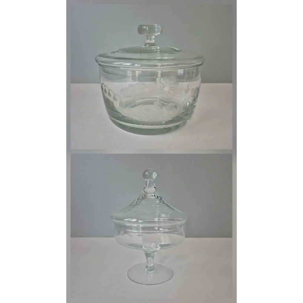 VTG Princess House Heritage Crystal Etched Floral Covered Dishes Bowls Set of 2